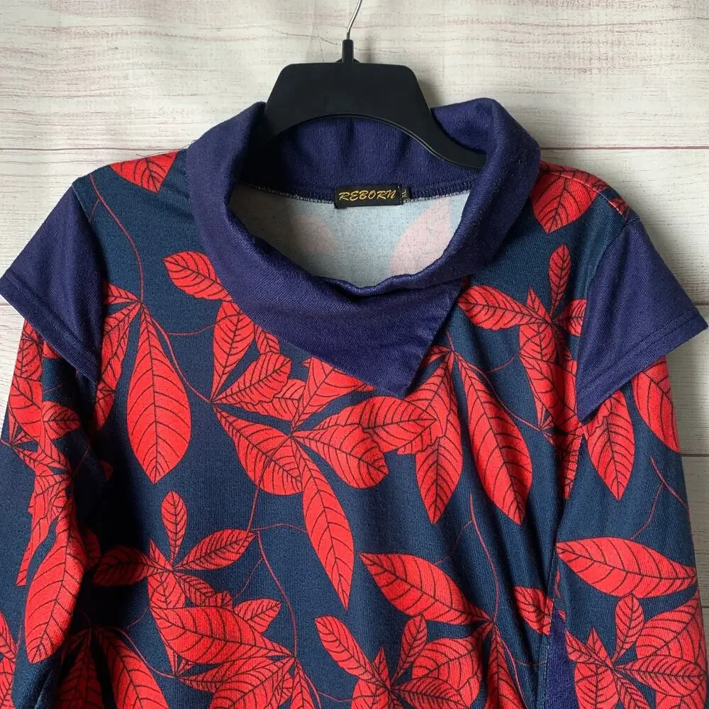 Reborn Navy Blue with Red Leaf Pattern Dress Folded Cowl Neck Fall Leaves XL
